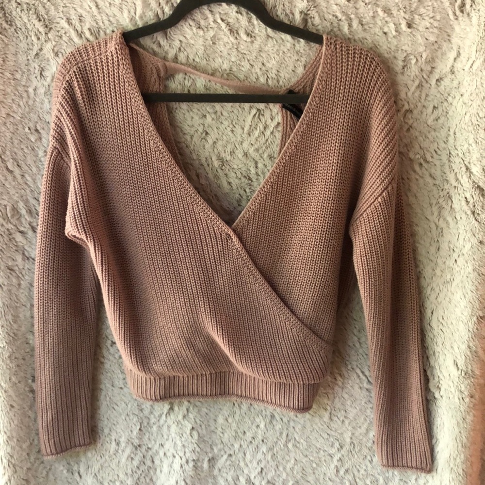 Mauve Cropped Deep-V Sweater